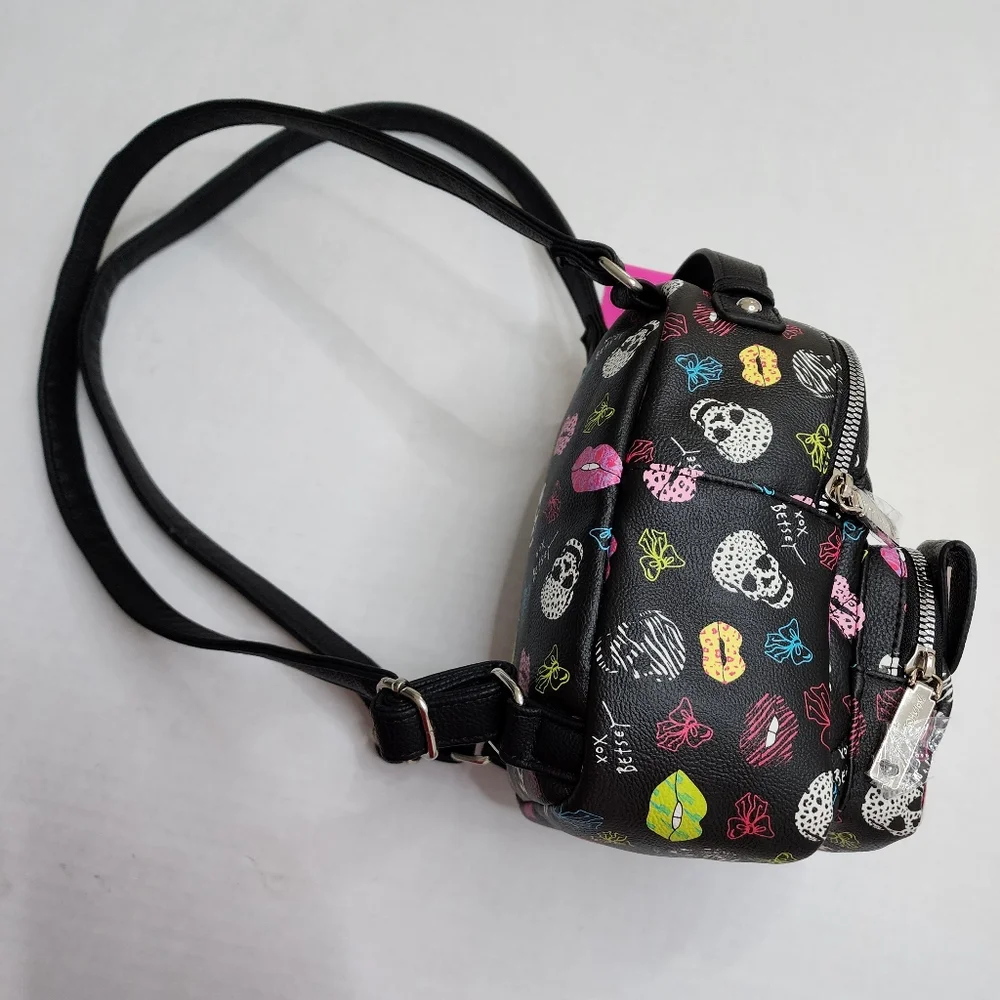 NWT Betsey Johnson Skull Bows Lips Kisses Black Mini Backpack